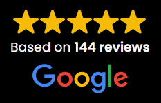Five-star rating graphic from Google, highlighting 144 reviews, representing patient satisfaction with Ivory Dental's services.