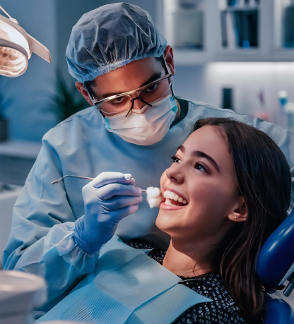 Dentist examining a young patient in a dental clinic, showcasing a friendly interaction related to dental care and implant-supported bridges.